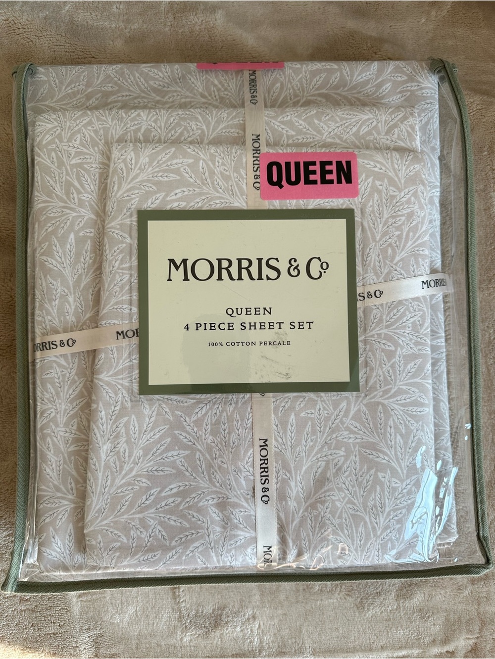 Morris & Co William Morris Queen 4-Piece Sheet Set in Light Taupe Leaf